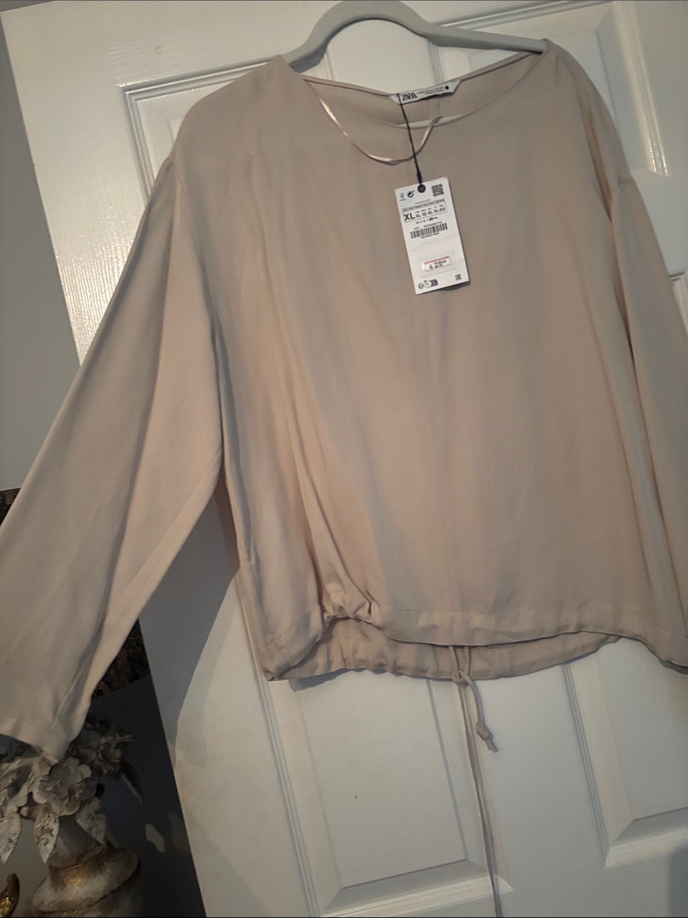 Zara Lightweight Drawstring Hem Long Sleeve Blouse in Cream